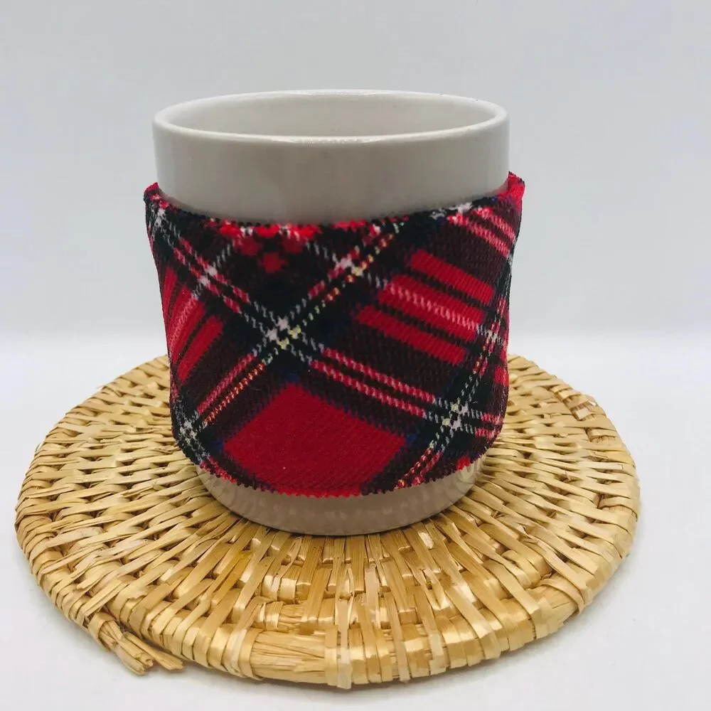 Handmade Mug Cozy, Plaid Corduroy Red Black, Hot Beverage Cozy, Stocking Stuffer